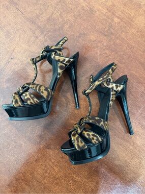 Yves Saint Laurent Iconic Tribute Leopard Print Calf Hair and Patent Heels